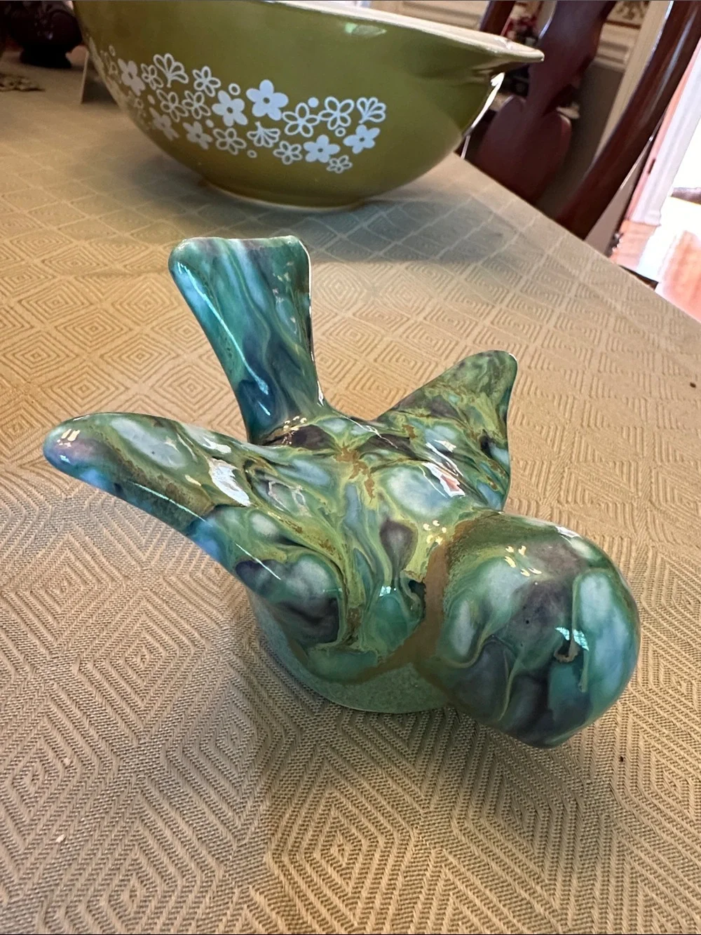 1960s Monterey Jade pottery bird w/green, blue drip glaze